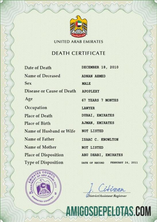 Para baixar modelo PSD de certidão de óbito de registro vital dos Emirados Árabes Unidos